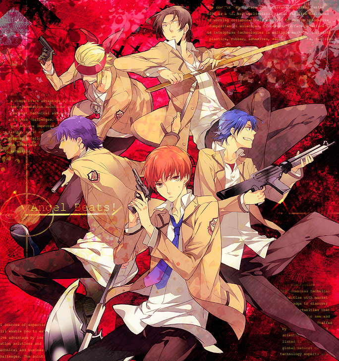 10s 5boys angel_beats! bad_id bad_pixiv_id blonde_hair blue_hair brown_hair fujimaki_(angel_beats!) futaba_hazuki gun halberd headband hinata_hideki male_focus multiple_boys noda_(angel_beats!) orange_hair otonashi_yuzuru polearm purple_hair school_uniform shirasaya short_hair tk_(angel_beats!) weapon