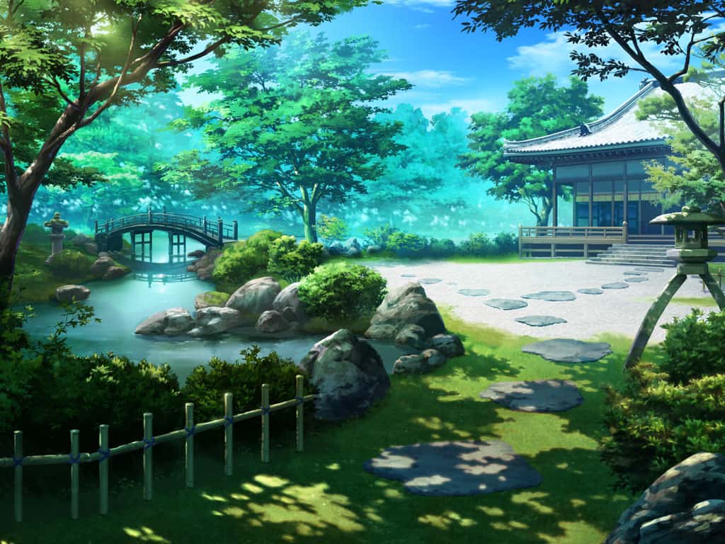 artist_request blue_sky bridge cloud cobblestone day forest game_cg garden light_rays magia_record:_mahou_shoujo_madoka_magica_gaiden mahou_shoujo_madoka_magica moss nature no_humans official_art outdoors rock scenery shade shrine sky stone_lantern stream sunlight