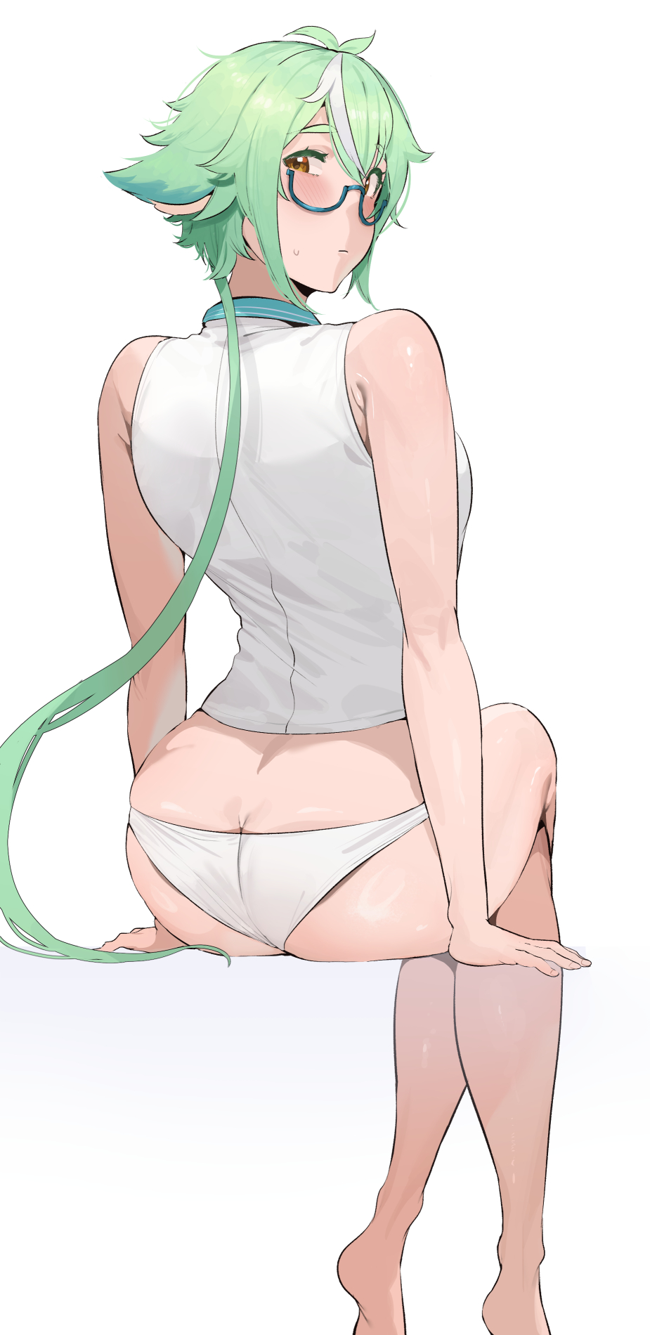 1girl animal_ears aqua_hair artist_request ass ass_press bare_shoulders barefoot blush breasts butt_crack embarrassed from_behind genshin_impact glasses green_hair highres huge_ass long_hair looking_at_viewer looking_back low_ponytail multicolored_hair panties ponytail shirt sideboob sitting small_breasts solo sucrose_(genshin_impact) sweatdrop underwear very_long_hair yellow_eyes