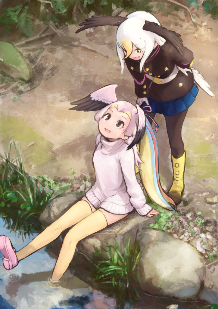 2girls :d bald_eagle_(kemono_friends) belt bird_tail bird_wings black_pantyhose blonde_hair blue_hair boots brown_hair commentary_request dress epaulettes gloves great_white_pelican_(kemono_friends) head_wings kemono_friends loafers long_hair long_sleeves looking_at_another looking_up multicolored_hair multiple_girls open_mouth pantyhose pink_hair pleated_skirt rumenia_(ao2is) sash shoes sitting skirt smile soaking_feet standing stream sweater sweater_dress tail thighhighs turtleneck turtleneck_sweater uniform white_gloves white_hair wings yellow_thighhighs zettai_ryouiki