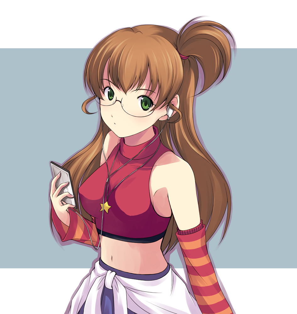 00s 1girl bad_id bad_pixiv_id brown_hair clothes_around_waist detached_sleeves digital_media_player earbuds earphones female_focus glasses green_eyes halterneck headphones idolmaster ipod jewelry long_hair midriff necklace onion_(lemlaml) sakurai_yumeko side_ponytail solo sweater sweater_around_waist