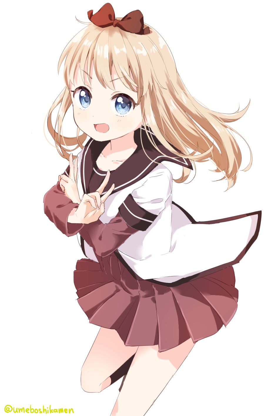 1girl black_sailor_collar black_socks blonde_hair blue_eyes bow breasts commentary crossed_wrists double_v dress hair_bow highres layered_sleeves long_hair long_sleeves looking_at_viewer mearian nanamori_school_uniform open_mouth pleated_dress red_bow red_dress sailor_collar school_uniform shirt short_over_long_sleeves short_sleeves simple_background small_breasts socks toshinou_kyouko twitter_username v v-shaped_eyebrows white_background white_shirt yuruyuri