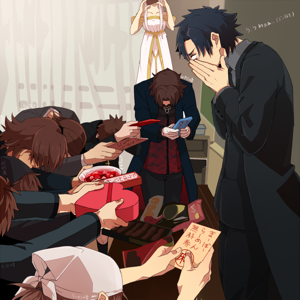 10s 1girl 6+boys aged_down brown_eyes brown_hair danshi_koukou_valentine_(meme) emiya_kiritsugu fate/extra fate/stay_night fate/tiger_colosseum fate/zero fate_(series) gift headscarf heart ichita_kuuto irisviel_von_einzbern kotomine_kirei mapo_tofu meme multiple_boys multiple_persona triquetra white_headscarf