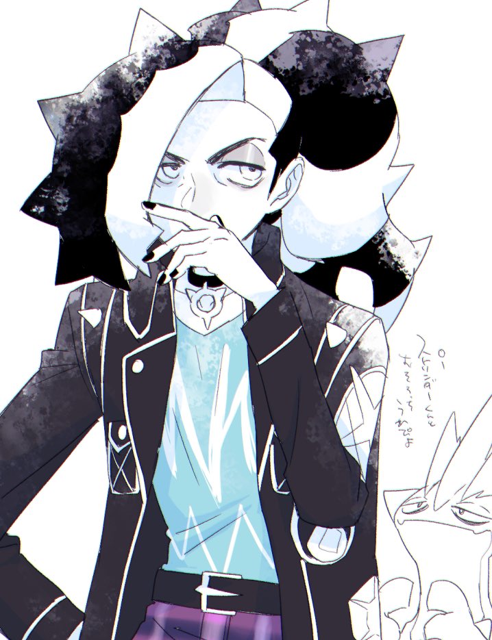 1boy belt black_hair black_jacket blue_eyes blue_shirt collarbone covering_own_mouth eyeshadow gen_8_pokemon hand_on_own_hip ichi-nose jacket makeup male_focus multicolored_hair nail_polish nintendo official_alternate_costume pendant_choker piers_(pokemon) piers_(sygna_suit)_(pokemon) pokemon pokemon_(creature) pokemon_masters_ex shirt toxtricity toxtricity_(low_key)