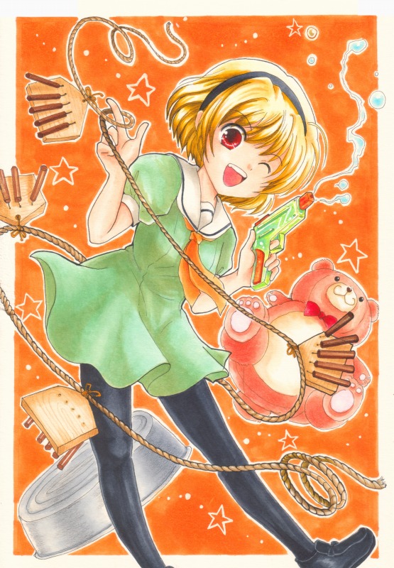 00s 1girl bad_id bad_pixiv_id blonde_hair dress ema female_focus gintarou_(puipuiginta) higurashi_no_naku_koro_ni houjou_satoko one_eye_closed pantyhose red_eyes sailor_dress short_hair solo water_gun wink