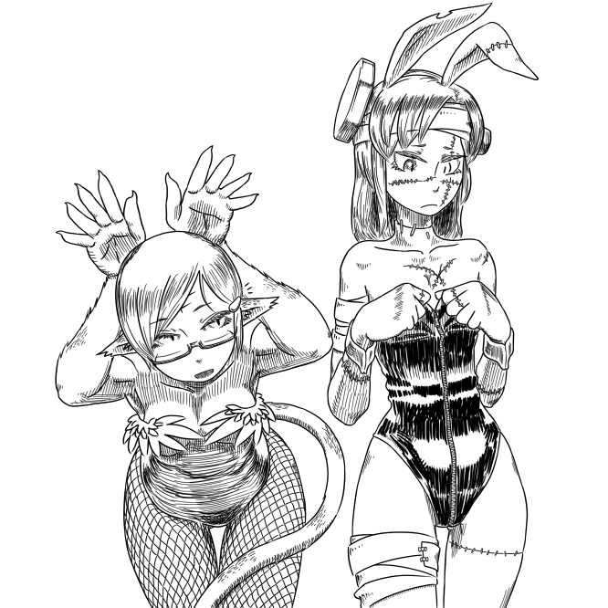 2girls animal_ears animal_hands bandages cat_ears cat_tail fake_animal_ears fishnets futaba_channel glasses heterochromia kaitai kaitai-san kyuuki leotard looking_at_viewer maid monochrome monster_girl multiple_girls nijiura_maids playboy_bunny rabbit_ears scar screw semi-rimless_eyewear shikyou-aki_(placeholder) simple_background stitches tail under-rim_eyewear white_background wings zombie