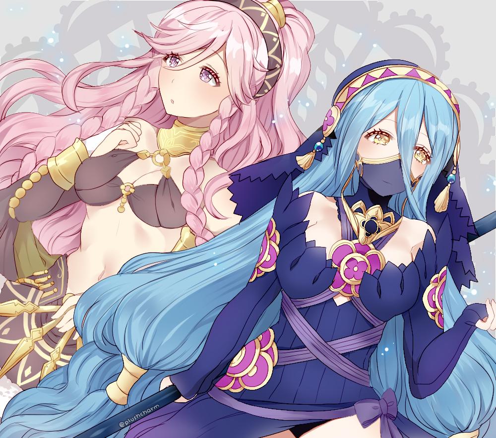 2girls azura_(fire_emblem) azura_(lady_of_ballads)_(fire_emblem) bad_id bad_twitter_id black_dress black_gloves black_hairband blue_hair braid breasts bridal_gauntlets cleavage dress elbow_gloves fingerless_gloves fire_emblem fire_emblem_awakening fire_emblem_fates fire_emblem_heroes gloves hairband long_hair medium_breasts mouth_veil multiple_girls navel nintendo olivia_(festival_dancer)_(fire_emblem) olivia_(fire_emblem) parted_lips pink_eyes pink_hair plushcharm ponytail twin_braids twitter_username veil yellow_eyes
