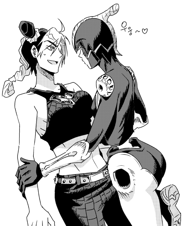2girls alternate_form braid braided_ponytail breasts bun_with_braided_base crop_top double_bun foo_fighters_(jojo) greyscale hair_bun heart jeonjin_(mynamebazin) jojo_no_kimyou_na_bouken korean_text kuujou_jolyne medium_breasts midriff monochrome multicolored_hair multiple_girls nervous_smile pants short_hair small_breasts smile stone_ocean sweatdrop tank_top translation_request two-tone_hair yuri