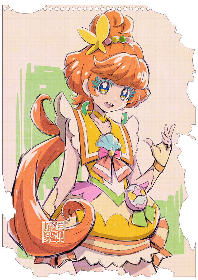 1girl artist_logo birthday blue_eyes choker colored_eyelashes commentary_request cure_papaya dress earrings eyelash_ornament fingerless_gloves gloves graph_paper hair_ornament happy heart heart_in_eye ichinose_minori jewelry kamikita_futago logo long_hair looking_at_viewer magical_girl mismatched_eyelashes mixed-language_commentary official_art open_mouth orange_hair paper_background pouch precure sailor_collar shell_brooch smile solo stamp_mark symbol_in_eye thick_eyelashes torn_paper tropical-rouge!_precure upper_body watercolor_background yellow_choker yellow_dress yellow_gloves yellow_sailor_collar