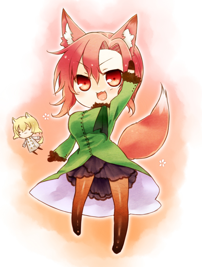1boy 1girl :3 animal_ears aozaki_touko aozaki_touko_(mahou_tsukai_no_yoru) bad_id bad_pixiv_id blonde_hair chibi fox_ears fox_tail kamehima lugh_beowulf mahou_tsukai_no_yoru pantyhose red_hair short_hair tail