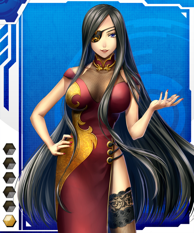 1girl black_hair blue_eyes card_(medium) china_dress chinese_clothes dress eyepatch long_hair tagme taimanin_(series) taimanin_asagi_battle_arena_all_card_gallery taimanin_asagi_kessen_arena