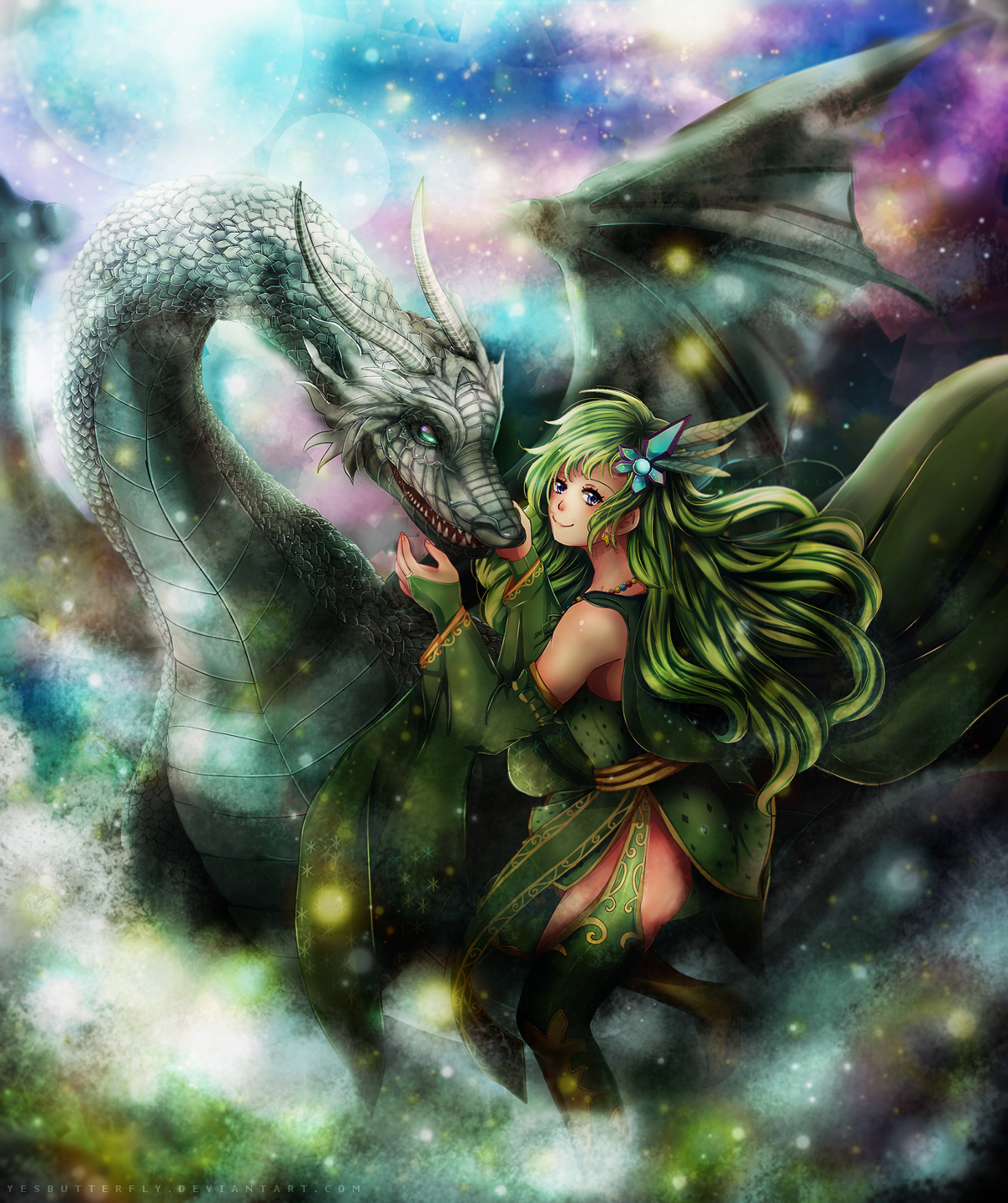 1girl bead_necklace beads blue_eyes bridal_gauntlets cape diamond_print dragon dragon_wings earrings feather_hair_ornament feathers final_fantasy final_fantasy_iv full_moon furisode_sleeves gloves green_cape green_gloves green_hair green_leotard green_sleeves green_thighhighs hair_ornament hands_up highres horns jewelry leotard long_hair looking_at_viewer mist_dragon moon multiple_moons nebula necklace pelvic_curtain rydia_(ff4) sash sky smile star_(sky) star_(symbol) star_earrings star_print starry_sky thighhighs white_scales wide_sleeves wings yellow_sash yesbutterfly