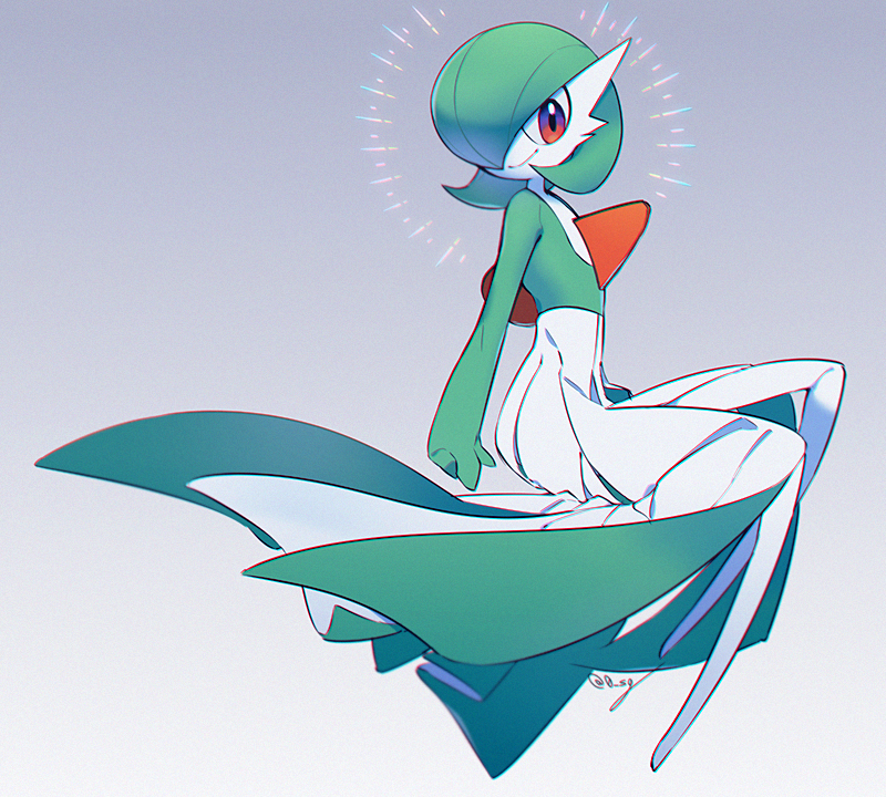 artist_name bob_cut colored_skin dated_commentary dress gardevoir gardevoir_day gen_3_pokemon green_hair grey_background hair_over_one_eye looking_at_viewer multicolored_skin nintendo no_feet pink_eyes pokemon pokemon_(creature) sg_(suuchan) simple_background smile two-tone_skin white_dress white_skin