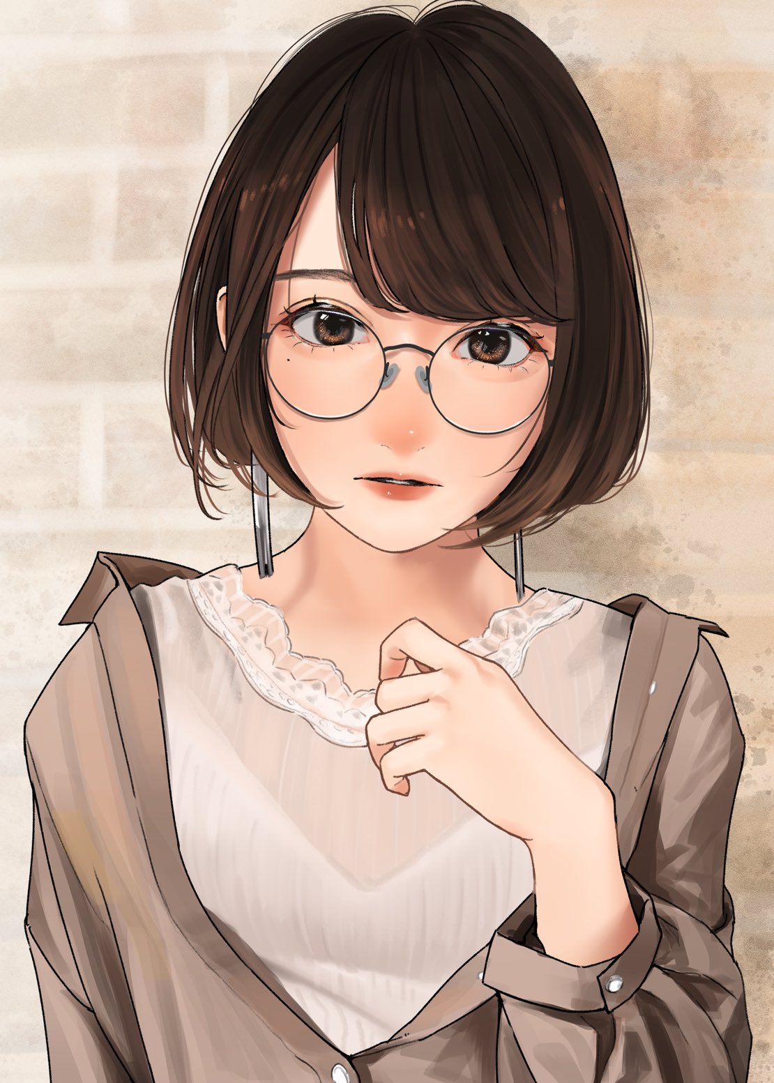1girl blush bob_cut brown_eyes brown_hair brown_jacket earrings glasses hand_up highres jacket jewelry lace lace_trim lips lipstick long_sleeves looking_at_viewer makeup mole mole_under_eye open_clothes open_jacket original parted_lips round_eyewear saitou_(lynx-shrike) shirt short_hair solo wall white_shirt