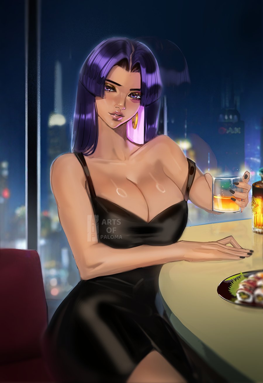 1girl breasts dress earrings food formal_clothes highres jewelry large_breasts long_hair looking_at_viewer marvel marvel_rivals psylocke purple_eyes purple_hair realaop sexually_suggestive solo x-men