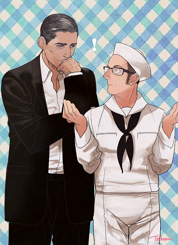 ! 2boys ascot black_ascot black_hair black_suit checkered_background cowboy_shot dark-skinned_male dark_skin eye_contact formal_clothes glasses hair_slicked_back hand_on_own_face harold_finch_(person_of_interest) hat john_reese_(person_of_interest) looking_at_another male_focus mature_male multiple_boys person_of_interest rectangular_eyewear sailor_collar sailor_hat sailor_shirt shirt short_hair sideburns suit tabomi