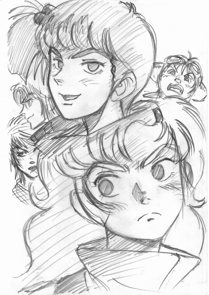 2boys 3girls arthur_rank elchi_cargo goggles jiron_amos long_hair multiple_boys multiple_girls rag_uralo sakaki_youma sentou_mecha_xabungle short_hair sketch tron_milan