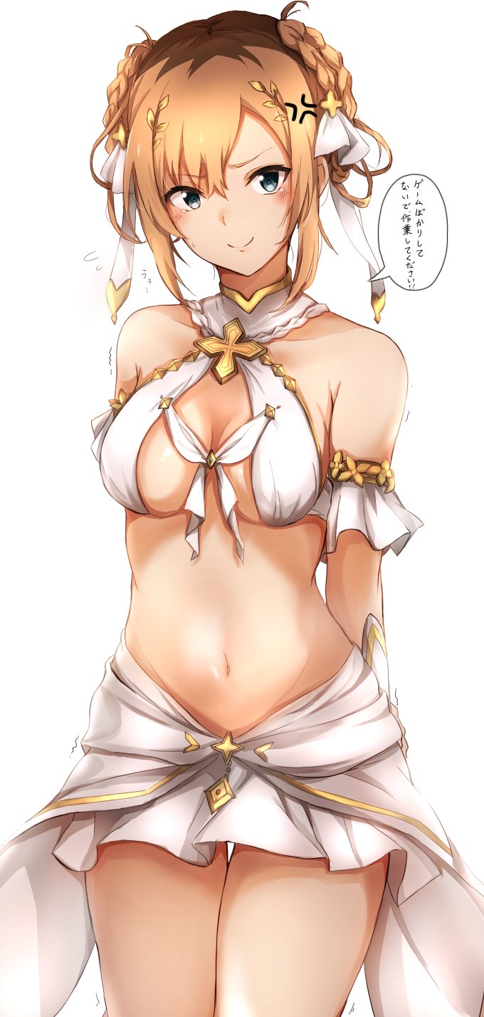 1girl anger_vein armpit_crease bare_shoulders bikini blonde_hair blue_eyes braid breasts cleavage cosplay cowboy_shot gold_trim hair_ornament halterneck highres looking_at_viewer medium_breasts midriff miniskirt miyamori_aoi multicolored_hair navel princess_connect! roots_(hair) shirobako short_hair simple_background skirt smile solo speech_bubble stomach swimsuit tahita1874 tearing_up thigh_gap thighs translation_request trembling twin_braids v-shaped_eyebrows white_background white_bikini white_skirt yui_(ceremonial)_(princess_connect!) yui_(princess_connect!) yui_(princess_connect!)_(cosplay)