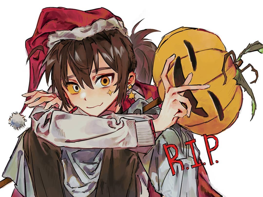 1other androgynous brown_hair brown_pants coat colored_sclera earrings fang hat head_on_hand heterochromia jack-o&#039;-lantern jewelry korean_commentary long_fingers looking_at_viewer orange_eyes orange_sclera original pants ponytail red_shirt rest_in_peace_(phrase) santa_hat seeshin_see shirt single_earring skin_fang smile squatting white_coat