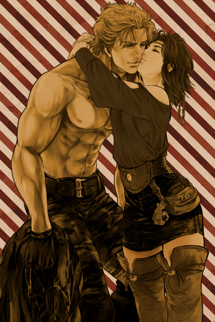 1boy 1girl bat_(hokuto_no_ken) breasts kissing_cheek closed_mouth commentary_request gloves hetero hokuto_no_ken jobo_(isi88) kiss lin_(hokuto_no_ken) muscular short_hair smile thighhighs