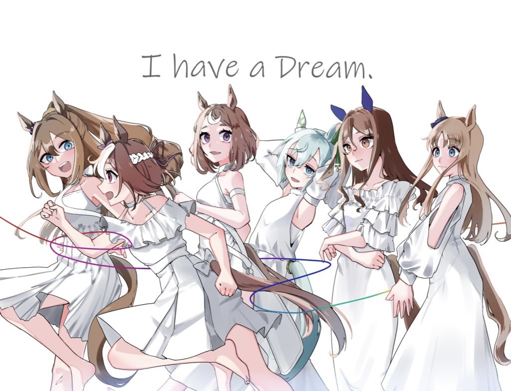 6+girls alternate_costume animal_ears aqua_hair arms_behind_head bare_shoulders breasts brown_eyes brown_hair clenched_hands closed_mouth commentary detached_sleeves dress ear_covers el_condor_pasa_(umamusume) english_commentary grass_wonder_(umamusume) green_eyes horse_ears horse_girl horse_tail king_halo_(umamusume) long_hair looking_at_viewer multicolored_hair multiple_girls off-shoulder_dress off_shoulder open_mouth own_hands_together ponytail purple_eyes running seiun_sky_(umamusume) short_hair small_breasts smile special_week_(umamusume) streaked_hair string tail tsukasa_(avdx5538) tsurumaru_tsuyoshi_(umamusume) two-tone_hair umamusume white_background white_dress