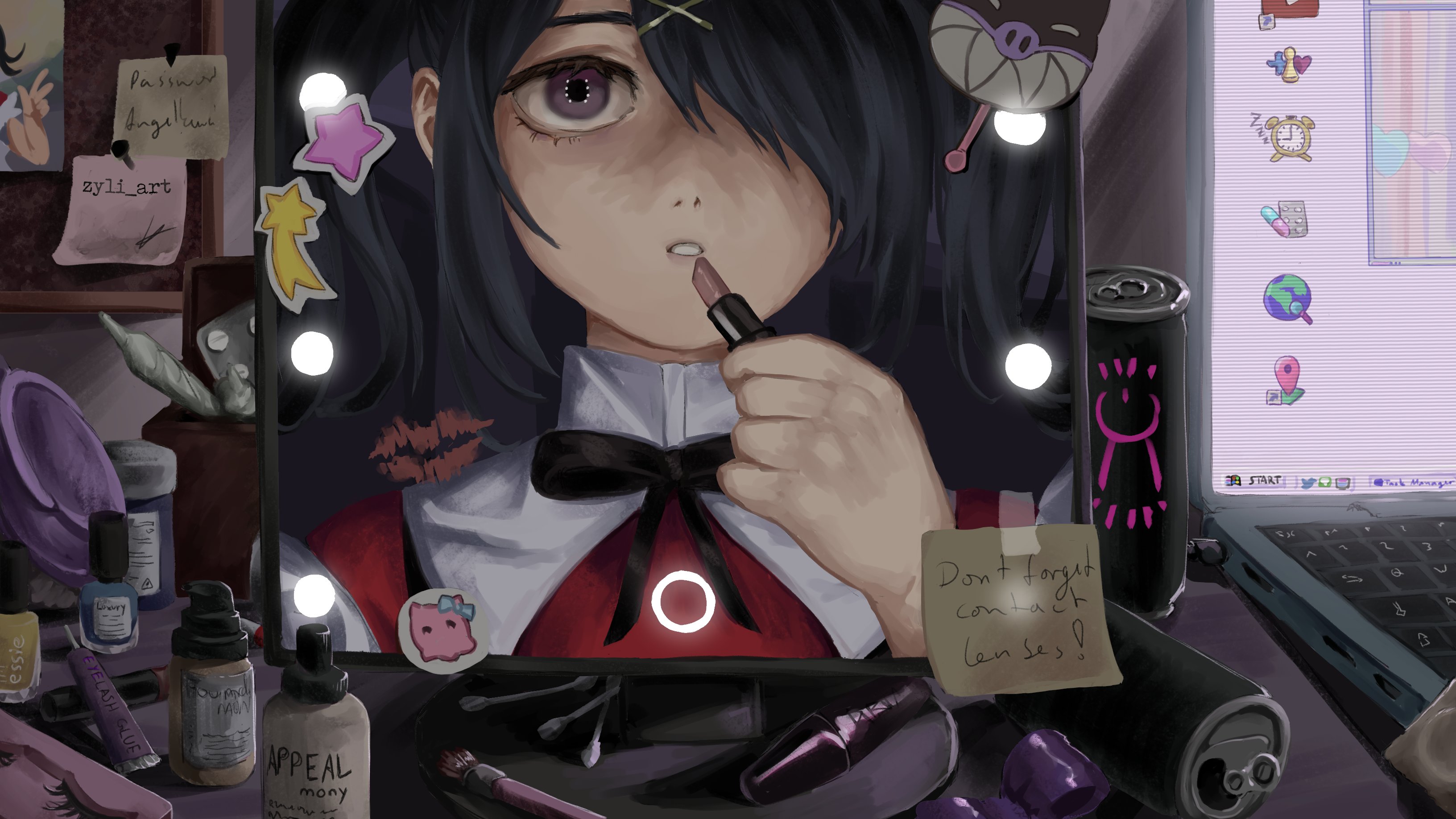 1girl absurdres ame-chan_(needy_girl_overdose) applying_makeup applying_own_makeup black_hair black_ribbon blister_pack can collared_shirt commentary computer cosmetics cotton_swab drink_can energy_drink english_commentary hair_ornament hair_over_one_eye hand_up highres holding holding_lipstick_tube indoors laptop lipstick_mark lipstick_tube long_hair looking_at_mirror looking_at_viewer makeup_brush microsoft_windows mirror nail_polish_bottle neck_ribbon needy_girl_overdose note open_mouth photo_(object) pill purple_eyes red_shirt reflection ribbon shirt soda_can solo star_(symbol) sticker table taped_note twintails upper_body user_interface windows_98 windows_classic x_hair_ornament zyli_(zyli_art)