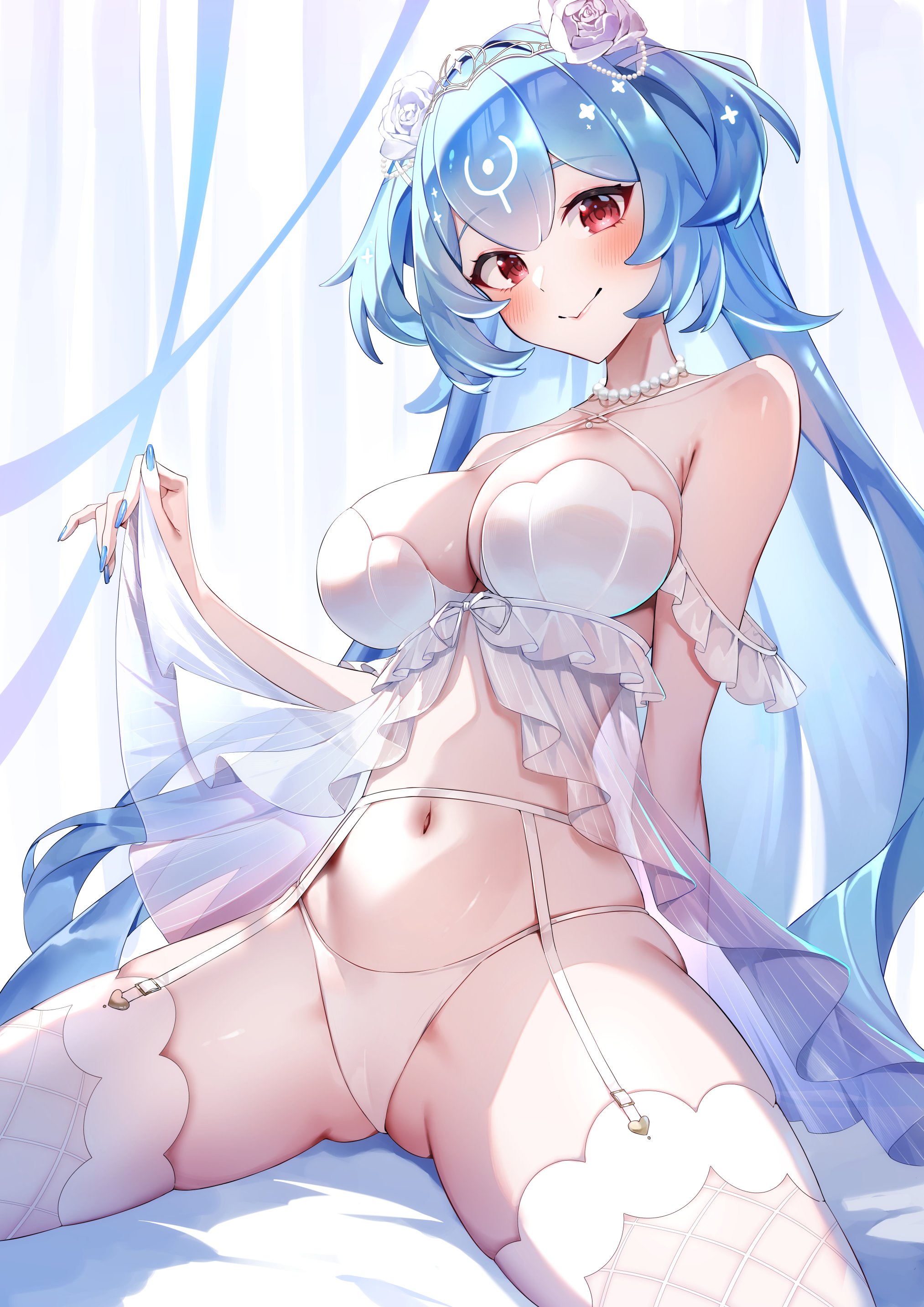 1girl absurdres arm_support armpit_crease babydoll bao_(vtuber) bare_shoulders bead_necklace beads blue_hair blue_nails blush breasts cameltoe cetacean_tail cleavage clothes_lift colored_inner_hair criss-cross_halter double-parted_bangs fingernails fins fish_tail fishnet_thighhighs fishnets flower garter_belt garter_straps gawawawa hair_flower hair_ornament halterneck head_mark highres indie_virtual_youtuber jewelry large_breasts leaning_back light_smile lingerie lips long_hair looking_at_viewer multicolored_hair navel necklace off_shoulder panties pearl_hair_ornament pearl_necklace red_eyes ribbon see-through_babydoll see-through_clothes solo spread_legs stomach tail thighhighs underwear very_long_hair virtual_youtuber whale_girl white_babydoll white_panties white_thighhighs white_tiara