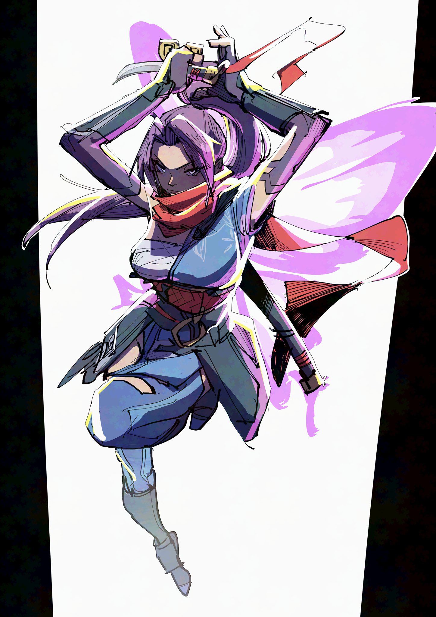 1girl animification bare_shoulders breasts elbow_gloves gloves highres holding holding_sword holding_weapon japanese_clothes kimono long_hair looking_at_viewer marvel marvel_rivals psylocke psylocke_(sai) purple_eyes purple_hair sarashi solo superebiseeeen superhero_costume sword weapon wings x-men