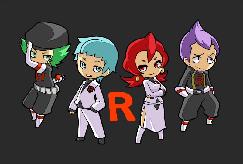 1girl 3boys archer_(pokemon) ariana_(pokemon) belt black_background black_hat black_pants blue_eyes blue_hair chibi chibi_only crossed_arms earrings facial_hair full_body goatee green_eyes green_hair hands_in_pockets hat holding holding_poke_ball jewelry kotorai multiple_boys nintendo pants petrel_(pokemon) poke_ball poke_ball_(basic) pokemon pokemon_hgss proton_(pokemon) purple_eyes purple_hair red_eyes red_hair short_hair side_slit simple_background single_letter team_rocket team_rocket_uniform white_belt