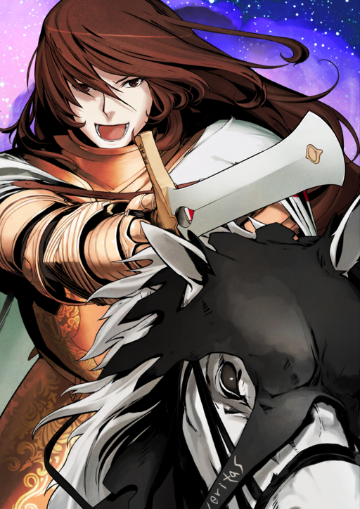 1boy :d animal armor ascalon_(fate) bayard_(fate) breastplate bridle brown_eyes brown_hair cape chuuou_higashiguchi cowboy_shot fate/grand_order fate_(series) faulds gauntlets georgios_(fate) gorget hair_between_eyes holding holding_sword holding_weapon horse horseback_riding long_hair lower_teeth_only male_focus official_art open_mouth orange_armor reins riding smile solo sword teeth third-party_source weapon white_cape