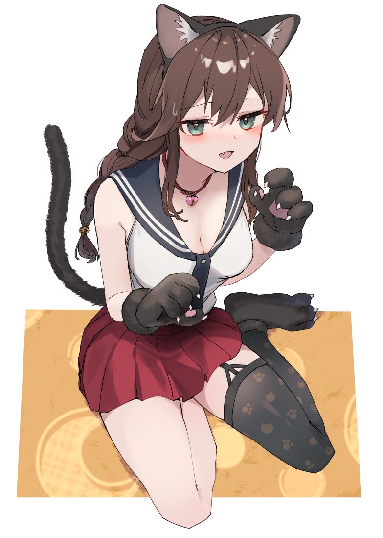 1girl adapted_costume animal_ear_fluff animal_ears bell black_necktie black_sailor_collar black_thighhighs breasts cat_ears cat_tail cleavage garter_straps jingle_bell kantai_collection medium_breasts necktie noshiro_(kancolle) one-hour_drawing_challenge red_skirt sailor_collar sailor_shirt shirt single_garter_strap single_thighhigh sitting skirt sleeveless sleeveless_shirt solo tail thighhighs white_shirt yamashichi_(mtseven) yokozuwari