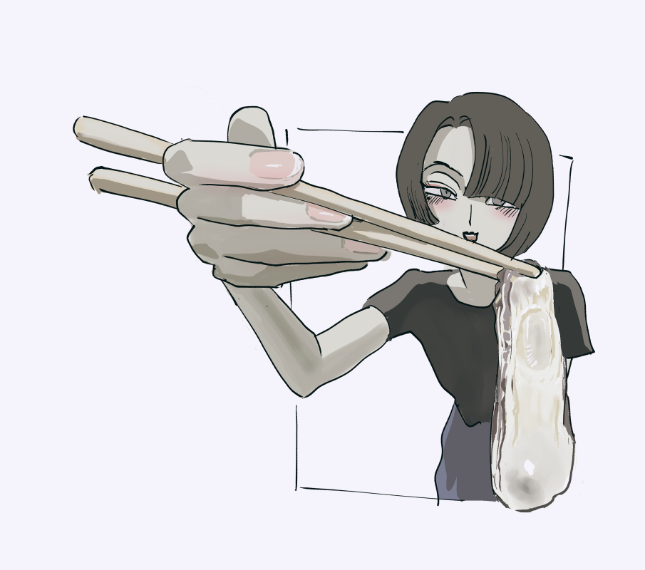 1girl black_hair black_shirt blush chopsticks food foreshortening grey_eyes holding holding_chopsticks incoming_food looking_at_viewer original oyster purple_background shirt short_hair simple_background solo unko_man upper_body
