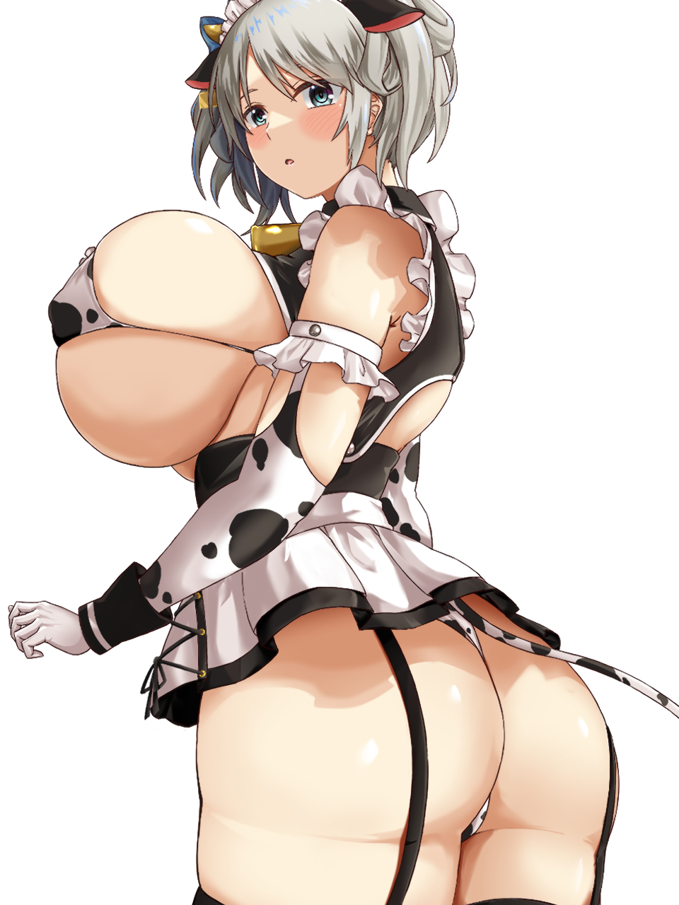 1girl alternate_costume animal_ears animal_print ass bikini breasts ciel_alencon cow_ears cow_girl cow_print cow_tail god_eater god_eater_2:_rage_burst grey_hair highres hizakake huge_breasts maid maid_bikini revision short_twintails sideboob solo swimsuit tail thick_thighs thighs twintails unconventional_maid