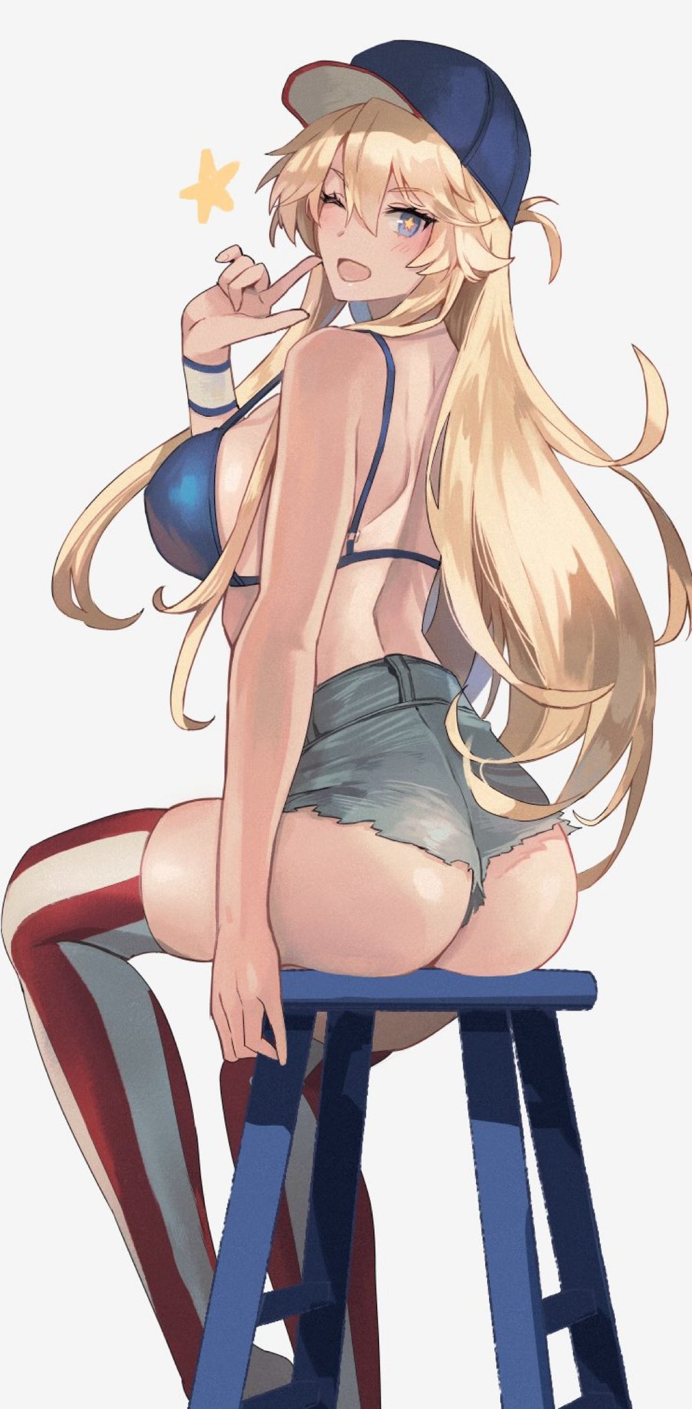 1girl ;d american_flag_legwear arm_at_side ass baseball_cap bikini bikini_top_only blonde_hair blue_bikini blue_eyes blue_hat blush breasts commentary_request denim denim_shorts finger_to_cheek from_side grey_background hair_between_eyes hat highres iowa_(kancolle) kantai_collection kasumi_(skchkko) large_breasts long_hair looking_at_viewer looking_back looking_to_the_side one_eye_closed open_mouth shorts simple_background sitting smile solo star-shaped_pupils star_(symbol) stool swimsuit symbol-shaped_pupils thighhighs