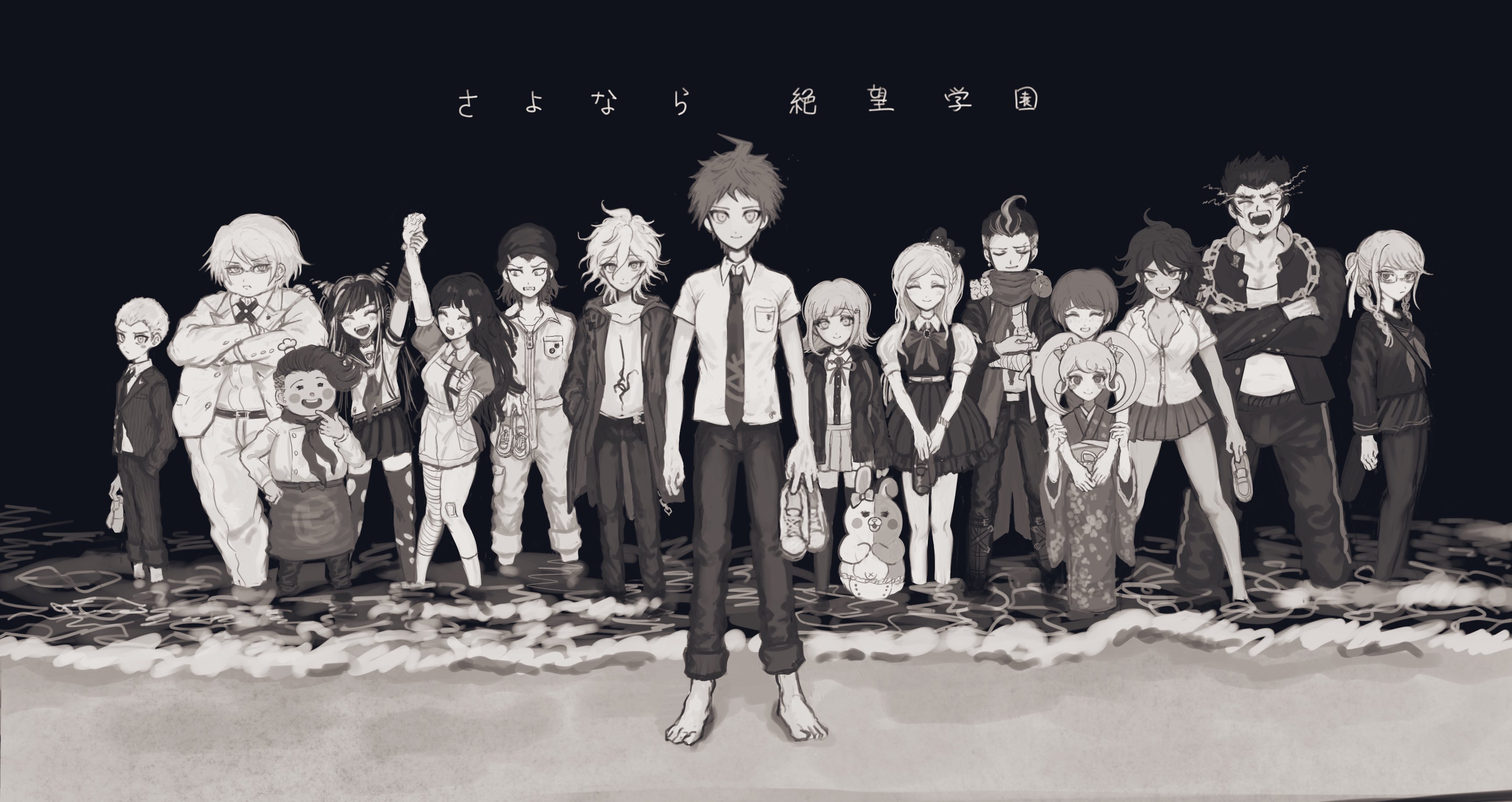 6+boys 6+girls :d absurdres animal animal_on_shoulder apron arm_up bandaged_arm bandaged_leg bandages bandaid bandaid_on_knee bandaid_on_leg barefoot beach black_background blush blush_stickers bow braid cat_hair_ornament cham-p chef_hat collarbone danganronpa_(series) danganronpa_2:_goodbye_despair diaper dress dress_shirt ear_bow everyone fat fat_man formal_clothes glasses greyscale hair_horns hair_ornament hair_ribbon hamster hanamura_teruteru hat highres hinata_hajime holding_hands hug hug_from_behind ie_(kshgnhg) jacket japanese_clothes jum-p jumpsuit kimono koizumi_mahiru komaeda_nagito kuzuryu_fuyuhiko long_hair maga-g medium_hair miniskirt mioda_ibuki monochrome monomi_(danganronpa) multicolored_hair multiple_boys multiple_girls muscular muscular_male nanami_chiaki neck_ribbon nidai_nekomaru obi open_clothes open_jacket open_mouth owari_akane pants pantyhose pekoyama_peko print_shirt ribbon saionji_hiyoko sash scarf school_uniform shirt shirt_tucked_in short_hair skirt smile soda_kazuichi sonia_nevermind standing striped_clothes striped_jacket striped_pants sun-d tanaka_gundham teeth thighhighs togami_byakuya_(danganronpa_2) torn_clothes torn_legwear torn_thighhighs translation_request tsumiki_mikan twin_braids twintails two-tone_hair upper_teeth_only wading zettai_ryouiki