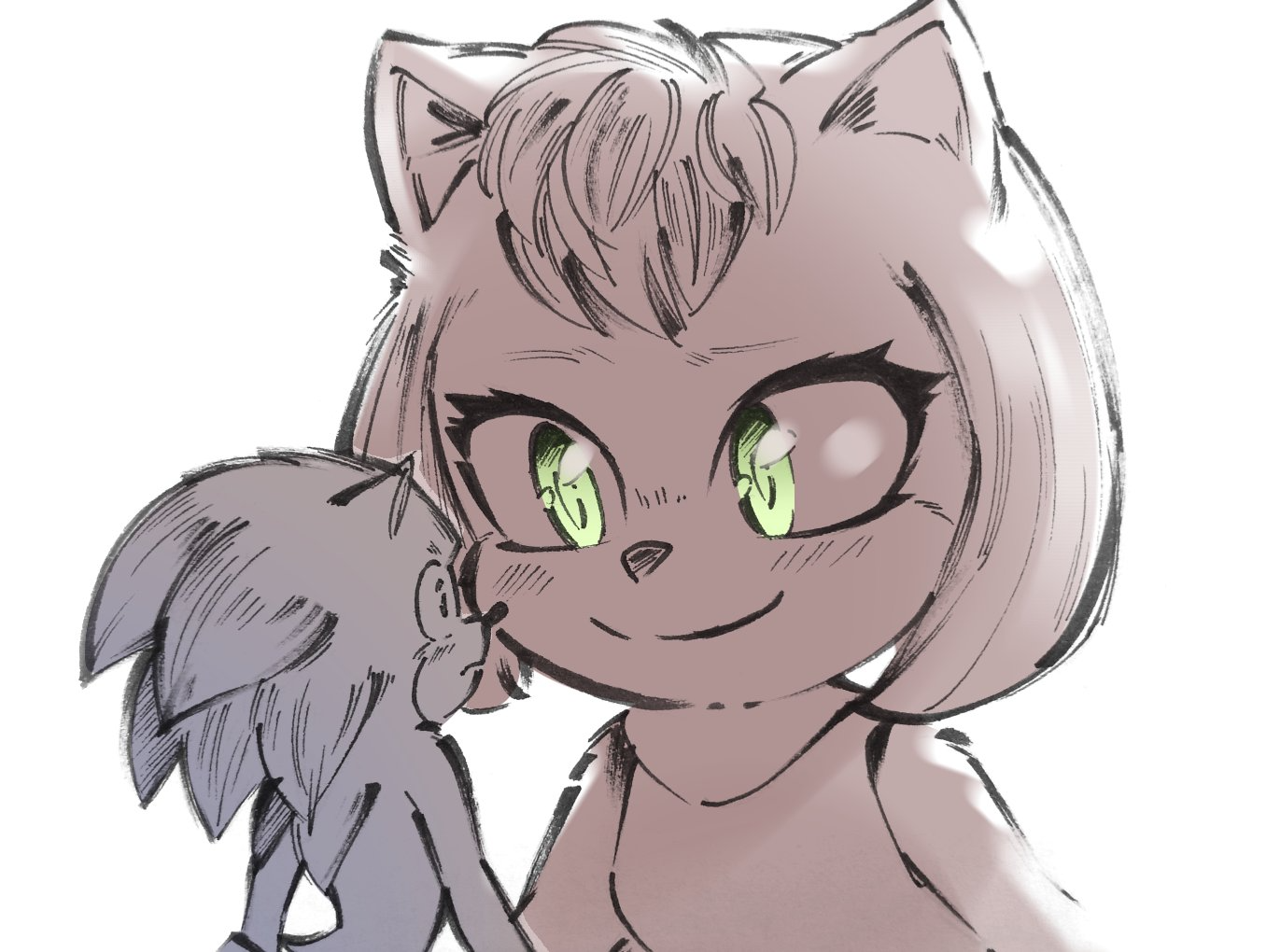 amy_rose blush did_you_want_to_talk?_(meme) dress giant gloves green_eyes looking_at_another medium_hair nervous nintendo paramount_pictures sega size_difference smile sonic_(live_action) sonic_(series) sonic_the_hedgehog sonic_the_hedgehog_3_(film) tomodachi_life tomodachi_life:_living_the_dream