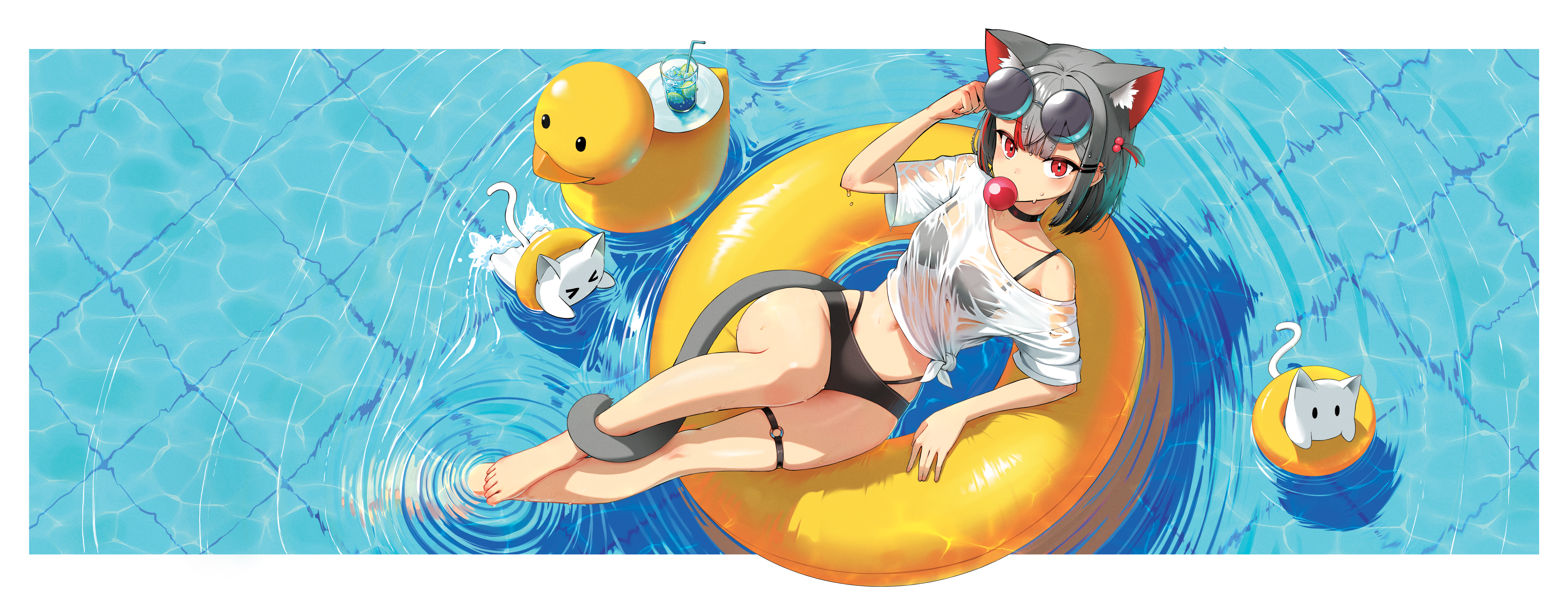 1girl absurdres adjusting_eyewear animal_ear_fluff arm_rest bikini black_bikini black_choker black_hair border cat_girl cat_tail chewing_gum choker cup drinking_glass eyewear_on_head from_above hair_ornament hairclip highres innertube knees_up letterboxed looking_at_viewer lying maro_(neneko_mashiro) medium_hair midriff navel neneko_mashiro o-ring o-ring_thigh_strap on_innertube partially_submerged pool red_eyes round_eyewear rubber_duck see-through_clothes see-through_shirt shirt sidelocks skindentation soaking_feet sseonyu stellive sunglasses swim_ring swimming swimsuit tail tail_around_own_leg thigh_strap virtual_youtuber water wet wet_clothes wet_shirt white_border