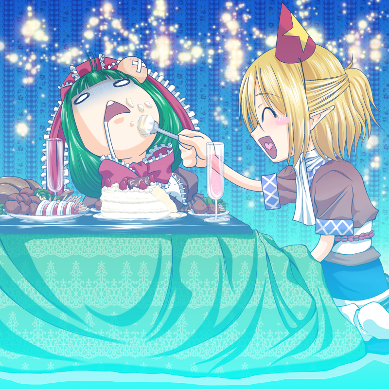 2girls alcohol black_skirt blonde_hair blue_background blush blush_stickers bow brown_shirt cake champagne champagne_flute commentary_request cowboy_shot cup drinking_glass drooling feeding food fork french_fries frilled_bow frills green_hair hair_bow half_updo hat holding holding_fork kagiyama_hina kotatsu long_hair mizuhashi_parsee multiple_girls obi open_mouth party_hat pointy_ears ponytail red_bow sash scarf shiba_meiji shirt short_hair short_ponytail short_sleeves skirt smile table touhou triangle_mouth under_kotatsu under_table white_sash white_scarf
