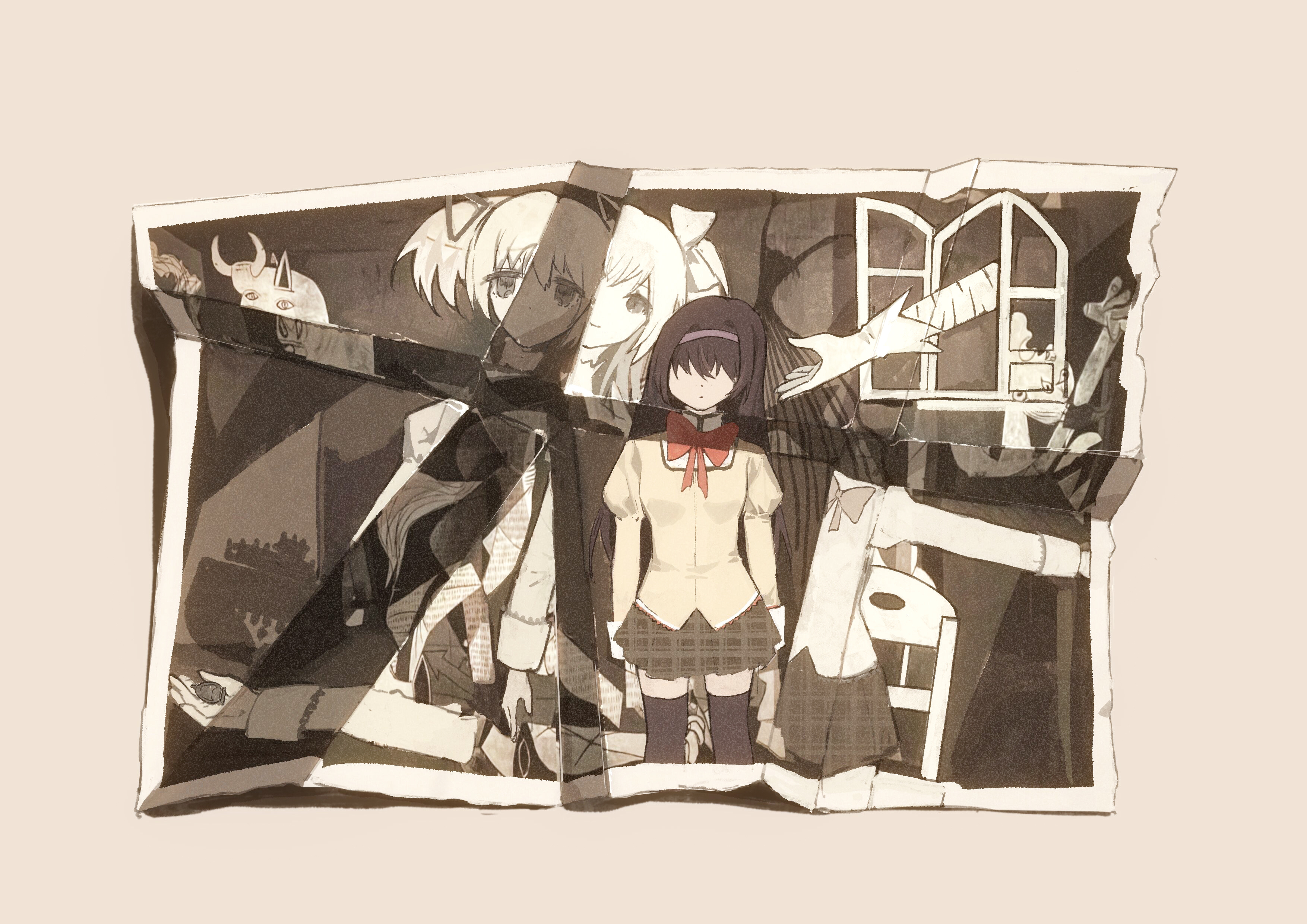 2girls absurdres akemi_homura black_hair black_thighhighs bow bowtie brown_background chair chinese_commentary closed_mouth commentary_request cowboy_shot dot_mouth dot_nose dual_persona facing_viewer gloves grey_hair grey_skirt hair_bow hair_ribbon hairband highres juliet_sleeves kaname_madoka long_hair long_sleeves mahou_shoujo_madoka_magica mahou_shoujo_madoka_magica:_hangyaku_no_monogatari mitakihara_school_uniform multiple_girls no_eyes no_mouth open_window photo_(object) plaid_clothes plaid_skirt puffy_sleeves purple_hairband reaching red_bow red_bowtie ribbon school_uniform simple_background skirt smile soul_gem standing tape thighhighs ultimate_madoka white_gloves window yayaziiii