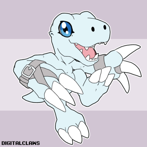 belt blue_eyes claws digimon digimon_(creature) happy open_mouth sharp_teeth smile solo teeth yukiagumon_(digimon_savers)