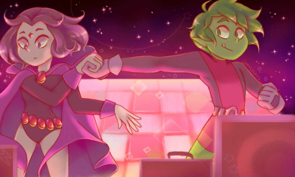 1boy 1girl beast_boy_(dc) black_leotard cape closed_mouth colored_skin commentary couple daycolors dc_comics english_commentary fang fang_out fist_bump forehead_jewel gloves green_eyes green_hair green_skin leotard long_sleeves night night_sky pointy_ears purple_cape purple_eyes purple_hair raven_(dc) short_hair shorts sky smile standing star_(sky) superhero_costume teen_titans