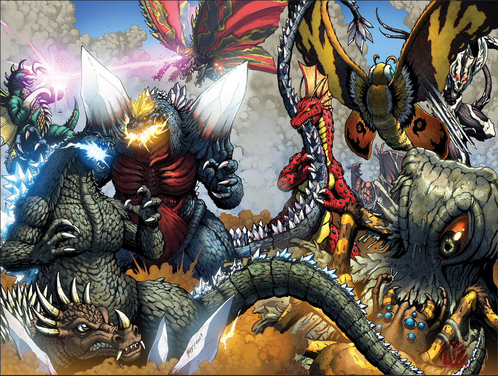 alien amputee anguirus battle battra bug clash claws clone crystal cyborg dinosaur dust energy epic eye_beam flying forked_tail giant giant_monster gigan glowing glowing_horns glowing_mouth glowing_spikes godzilla godzilla:_final_wars godzilla_(series) godzilla_vs._gigan godzilla_vs._hedorah godzilla_vs._mothra godzilla_vs._spacegodzilla hedorah horns idw_publishing insect kaiju kumonga kyoryu matt_frank monster monster_x moth mothra multiple_others muscular muscular_male no_humans official_art prosthesis prosthetic_arm pterosaur rodan saw sea_monster shoulder_spikes slime_(creature) smoke space_monster spacegodzilla spider spiked_tail spikes tail terror_of_mechagodzilla titanosaurus toho wings
