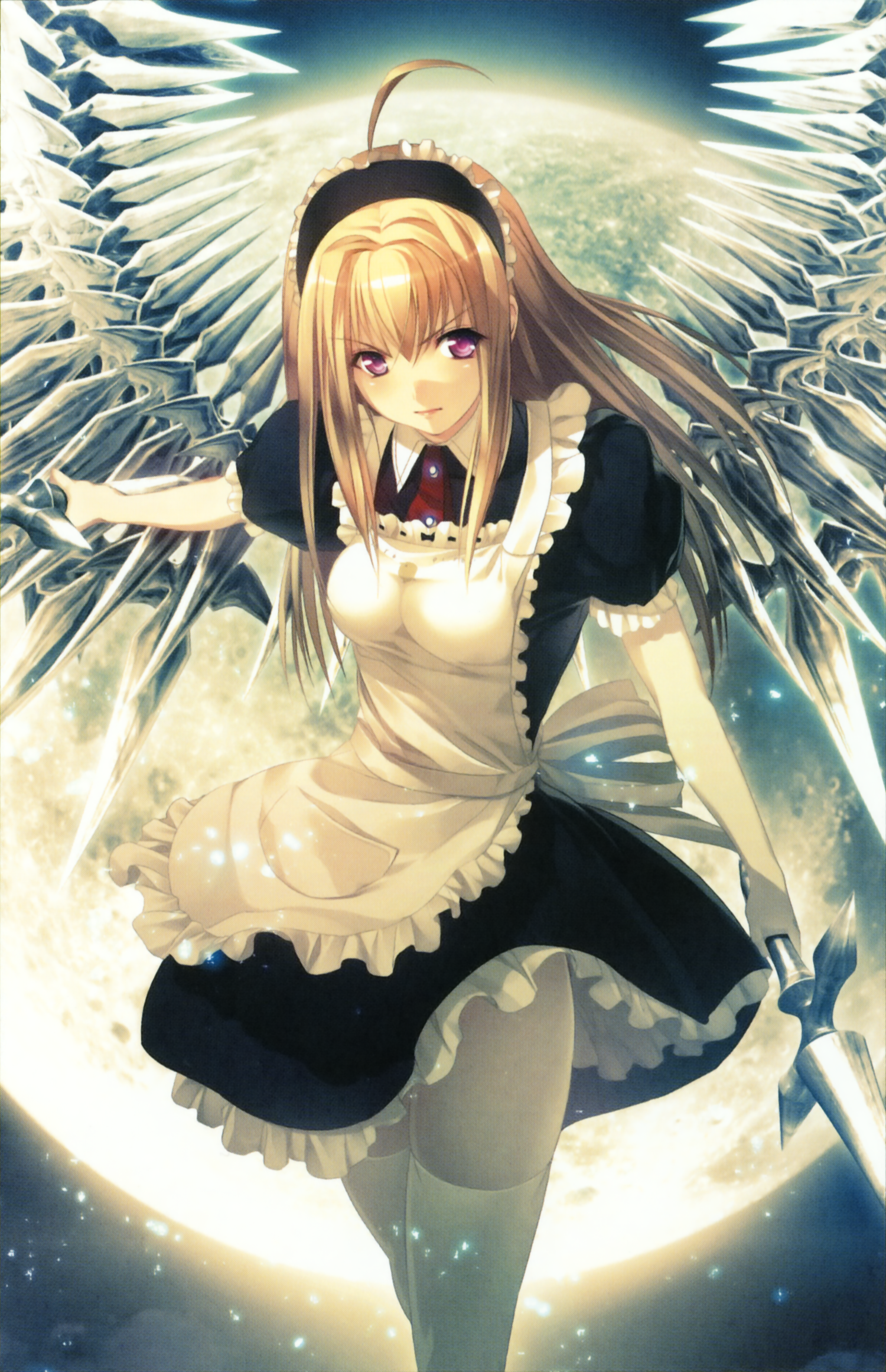 1girl ahoge anna_(gekkou_no_carnevale) blonde_hair female_focus frills gekkou_no_carnevale hairband highres long_hair maid moon oosaki_shin&#039;ya outdoors purple_eyes red_eyes sky solo sword thighhighs weapon white_thighhighs wings zettai_ryouiki