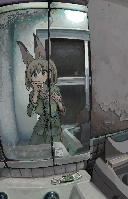 1girl :q animal_ear_fluff animal_ears bad_anatomy bad_hands bathroom blonde_hair blue_eyes breasts closed_mouth collarbone commentary_request cowboy_shot dithering green_pajamas green_pants green_shirt hands_up holding holding_toothbrush i_love_serval indoors jaggy_lines kemono_friends looking_at_mirror looking_at_viewer medium_breasts medium_hair mirror oekaki pajamas pants serval_(kemono_friends) shirt smile solo standing tail tareme tile_wall tiles tongue tongue_out toothbrush toothpaste top-load_washing_machine washing_machine window