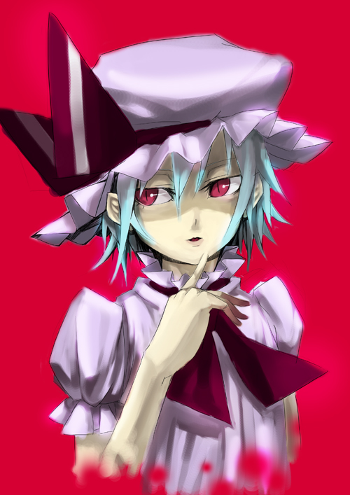 1girl female_focus gajuumaru hand_on_own_face hat hat_ribbon red_background remilia_scarlet ribbon simple_background solo touhou