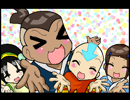 &gt;_&lt; 2boys 2girls aang avatar:_the_last_airbender avatar_legends blind closed_eyes katara lowres lucky_star motteke!_serafuku multiple_boys multiple_girls nickelodeon oekaki parody sokka tattoo toph_beifong