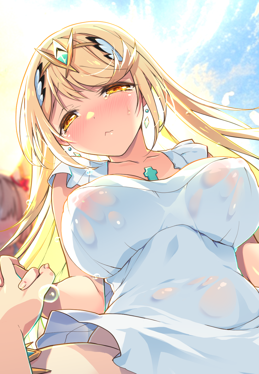 blonde_hair breasts highres large_breasts mythra_(xenoblade) see-through_clothes watsuki_ayamo wet wet_clothes xenoblade_chronicles_(series) xenoblade_chronicles_2