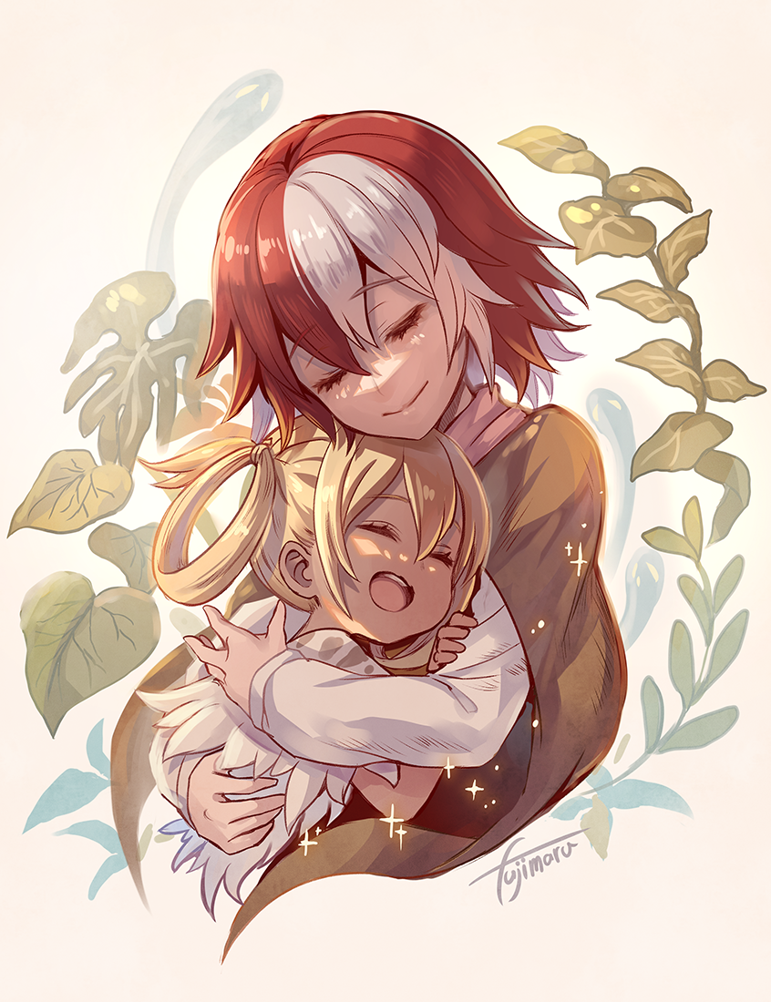 2girls artist_name blonde_hair brown_cloak cloak closed_eyes fujimaru_(green_sparrow) hair_between_eyes hair_rings hug irumyuui leaf long_hair long_sleeves made_in_abyss medium_hair multicolored_hair multiple_girls open_mouth red_hair shirt smile teeth two-tone_hair upper_body upper_teeth_only vueko white_hair white_shirt