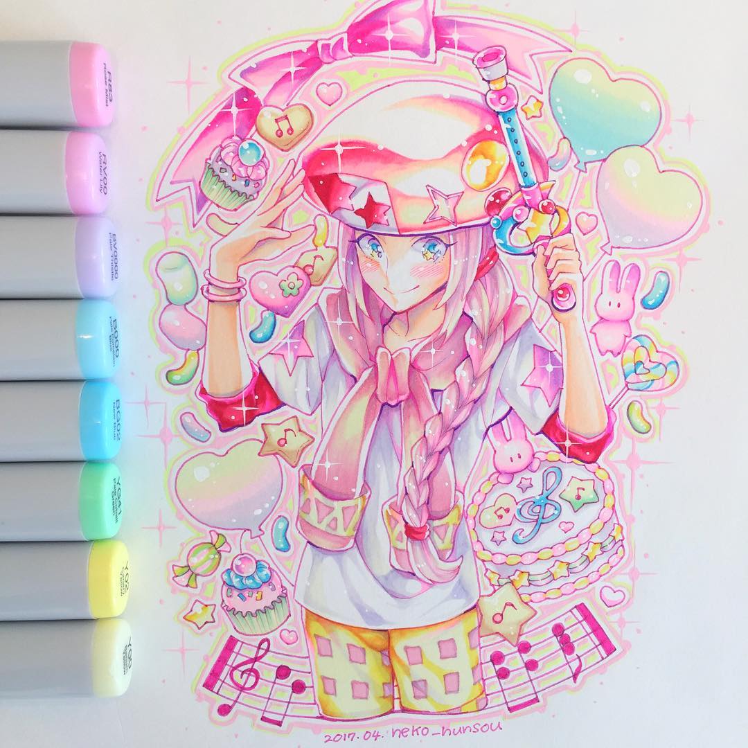 1boy art_tools_in_frame balloon braid cake candy classicaloid closed_mouth flute food hat heart heart_balloon holding holding_flute holding_instrument instrument jacket_around_neck jelly_bean long_hair long_sleeves looking_at_viewer male_focus musical_staff neko_hunsou pink_hat recorder shirt shorts solo traditional_media white_shirt wolfgang_amadeus_mozart_(classicaloid) yellow_shorts