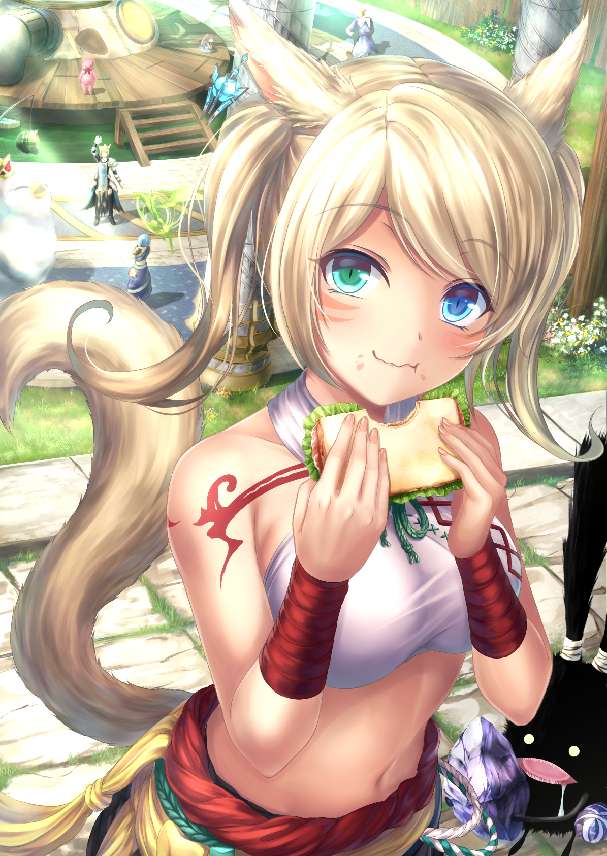 10s 1girl animal_ears bad_id bad_pixiv_id blonde_hair blue_eyes bread drooling earrings eating eyebrows facial_mark fat_chocobo final_fantasy final_fantasy_xiv flower food food_on_face grass green_eyes heterochromia highres holding jewelry looking_at_viewer midriff miqo'te navel sandwich shadow short_hair solo_focus spriggan_(final_fantasy) stairs sunlight tail tattoo tiphereth warrior_of_light_(ff14) waving